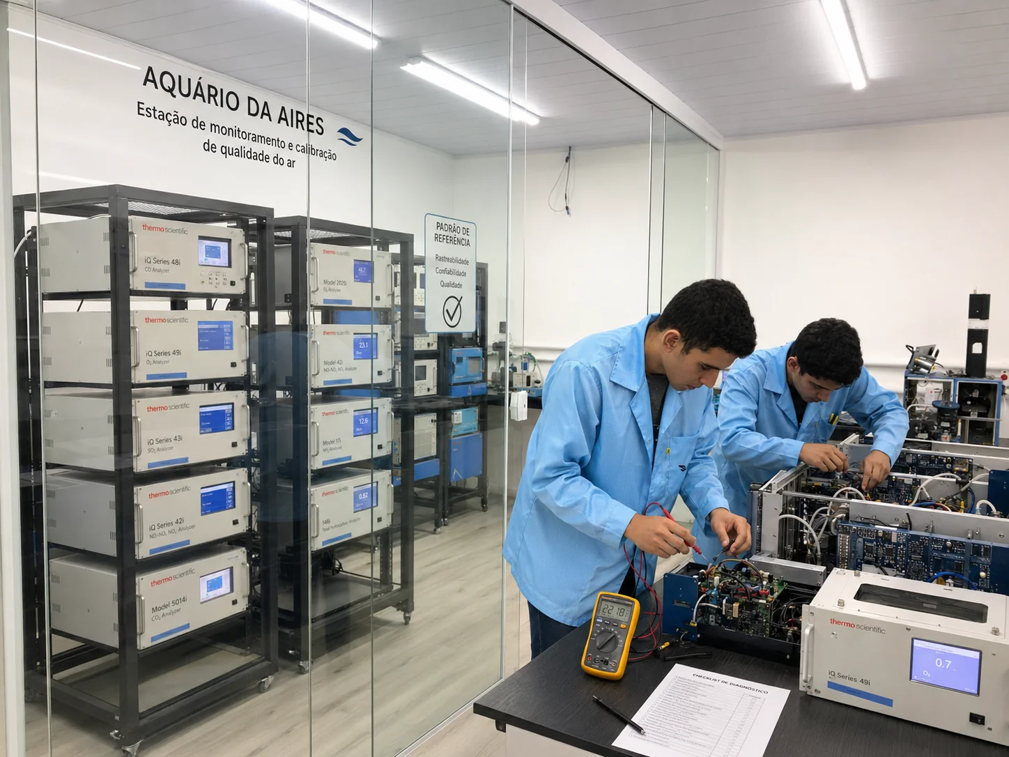 Equipe técnica em treinamento com instrumentação avançada